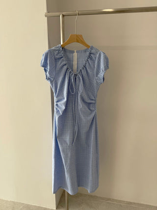 Lace Up Blue Plaid Dress