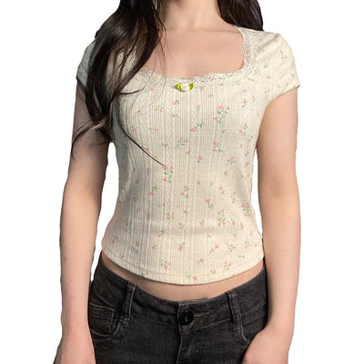 Floral Round Neck Lace Tops