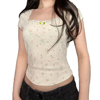 Floral Round Neck Lace Tops