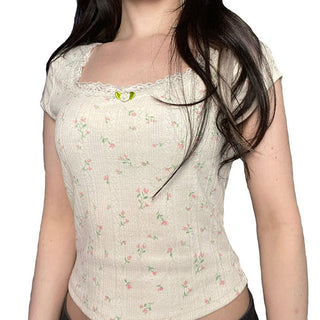 Floral Round Neck Lace Tops