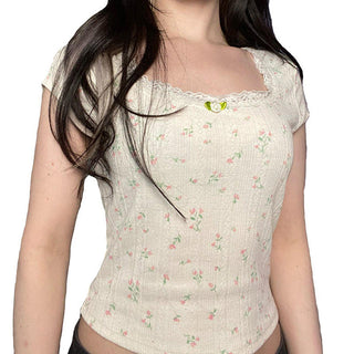 Floral Round Neck Lace Tops