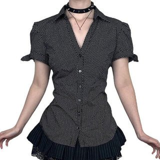 Polka Dot Puff Sleeve Button Top