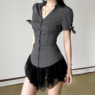 Polka Dot Puff Sleeve Button Top