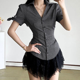 Polka Dot Puff Sleeve Button Top