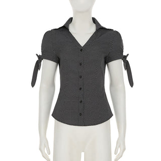 Polka Dot Puff Sleeve Button Top