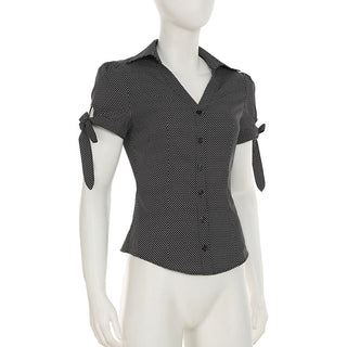 Polka Dot Puff Sleeve Button Top