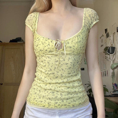 Yellow Floral V-Neck Hollow Strap Top