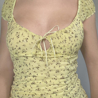 Yellow Floral V-Neck Hollow Strap Top