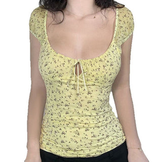 Yellow Floral V-Neck Hollow Strap Top