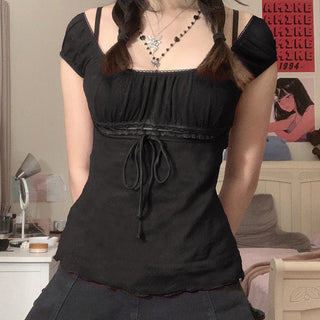 Cute Lace Band Square Collar Top