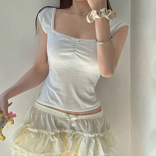 Bow Pleated Square Collar Top