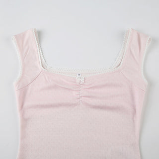 Bow Pleated Square Collar Top