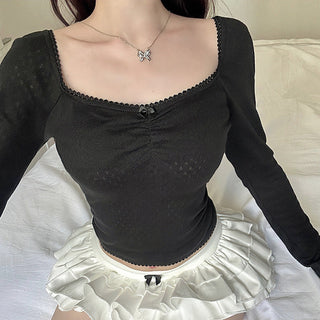 Bow Pleated Square Collar Top