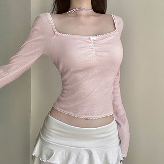 Bow Pleated Square Collar Top