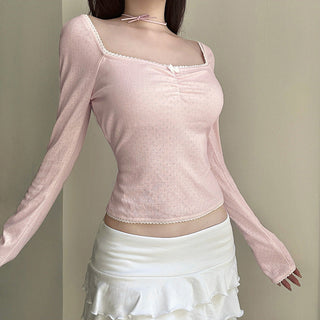 Bow Pleated Square Collar Top