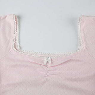 Bow Pleated Square Collar Top