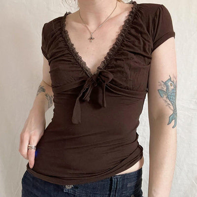 Lace Trim V-Neck Micro Pleated Top