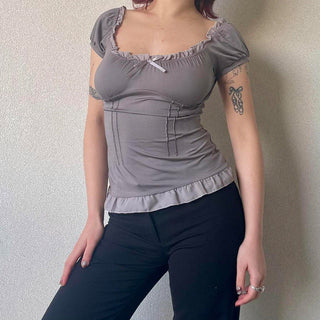 Ruffled Bow Solid Color Puff Sleeve Top