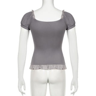 Ruffled Bow Solid Color Puff Sleeve Top