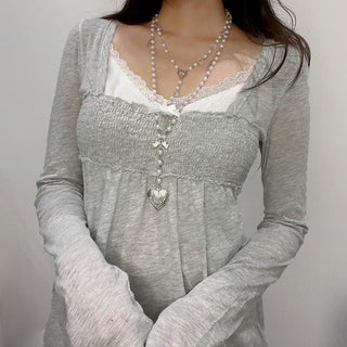 Lace Square Collar Smocking Pleated Top