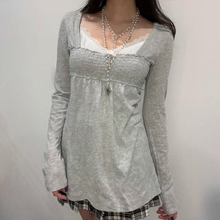 Lace Square Collar Smocking Pleated Top