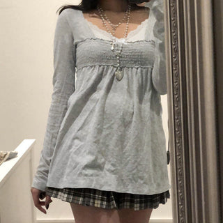 Lace Square Collar Smocking Pleated Top