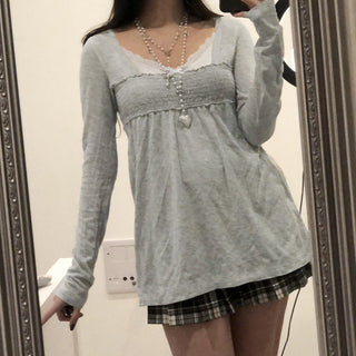 Lace Square Collar Smocking Pleated Top