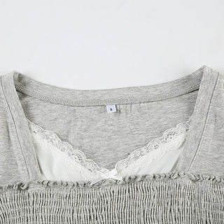 Lace Square Collar Smocking Pleated Top