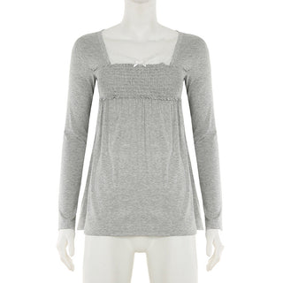 Lace Square Collar Smocking Pleated Top