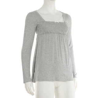 Lace Square Collar Smocking Pleated Top