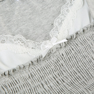 Lace Square Collar Smocking Pleated Top