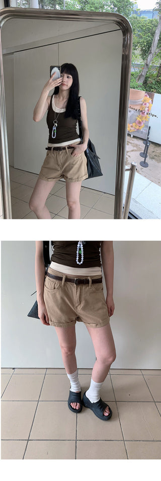 flanged denim shorts