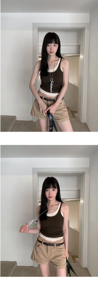 flanged denim shorts