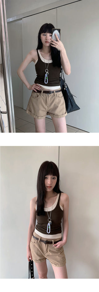 flanged denim shorts