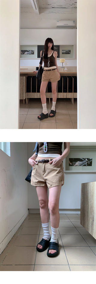 flanged denim shorts