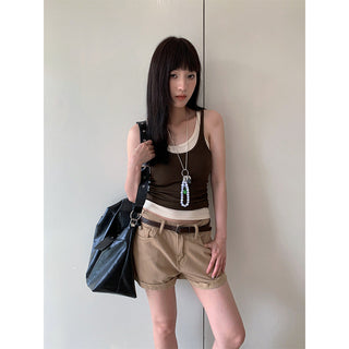 flanged denim shorts