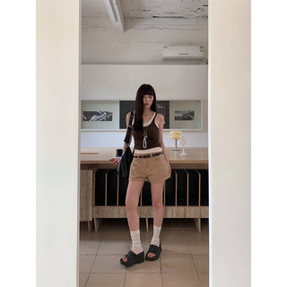 flanged denim shorts