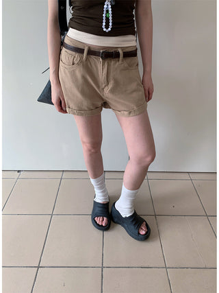 flanged denim shorts