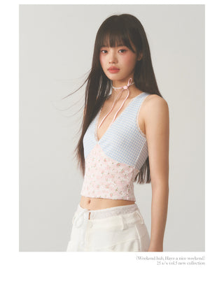 [WEEKH] Plaid lace camisole