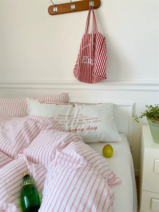 Pink and White Striped Cotton Duvet Cover Set