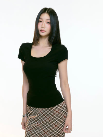 black U-neck top