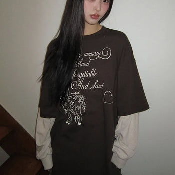 Dorin Oversized Layered Lettering Contrast Long Sleeve T-shirt