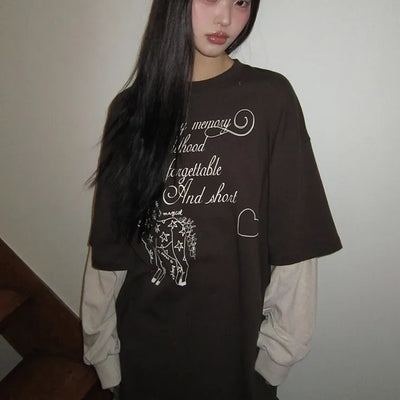 Dorin Oversized Layered Lettering Contrast Long Sleeve T-shirt