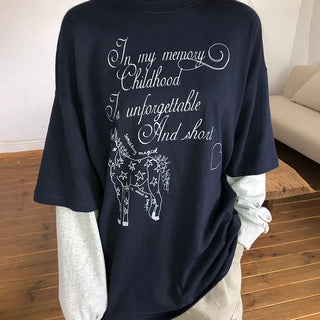 Dorin Oversized Layered Lettering Contrast Long Sleeve T-shirt