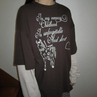 Dorin Oversized Layered Lettering Contrast Long Sleeve T-shirt