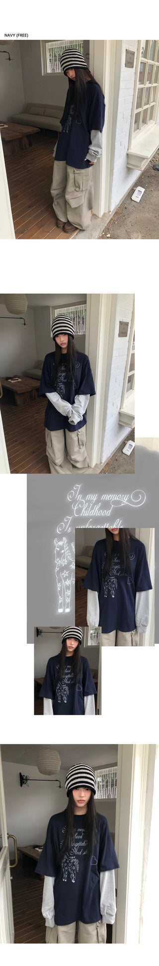 Dorin Oversized Layered Lettering Contrast Long Sleeve T-shirt