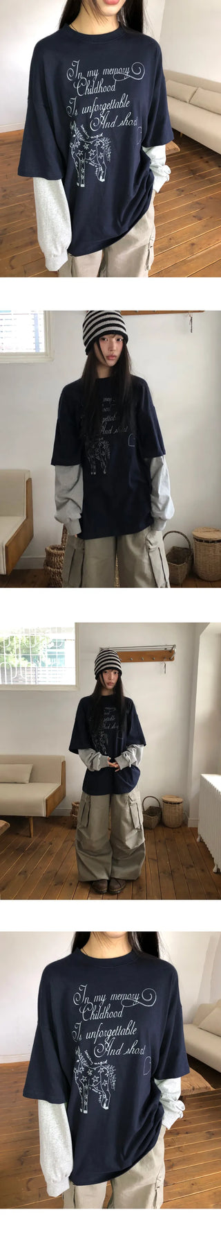 Dorin Oversized Layered Lettering Contrast Long Sleeve T-shirt