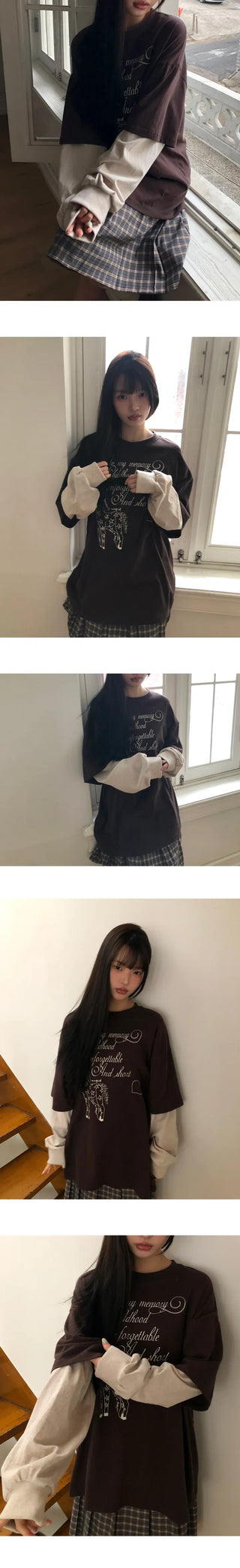 Dorin Oversized Layered Lettering Contrast Long Sleeve T-shirt