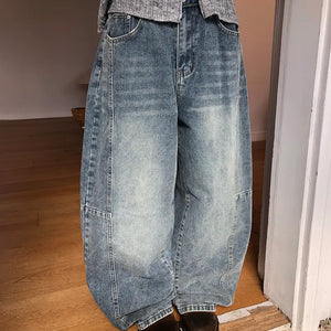 Drawstring Balloon Fit Wide Denim Pants
