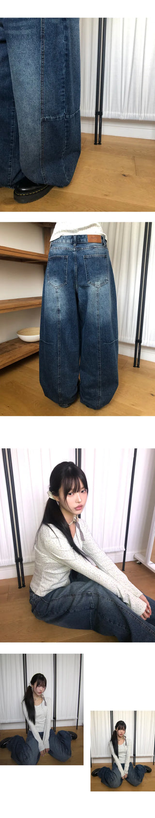 Drawstring Balloon Fit Wide Denim Pants